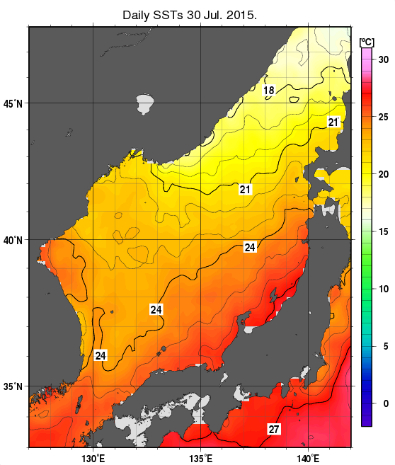 日本海の海面水温分布図（7月30日）