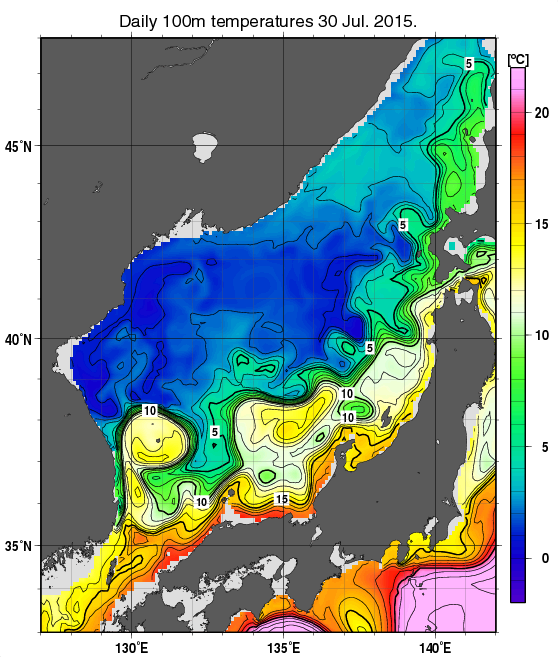 日本海の深さ100mの水温分布図（7月30日）