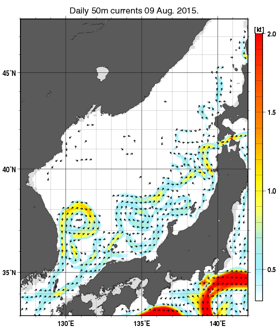 日本海の深さ50mの海流分布図（8月9日）