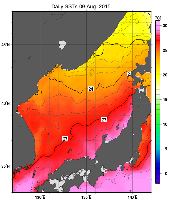 日本海の海面水温分布図（8月9日）