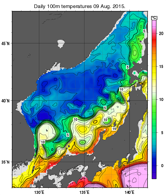 日本海の深さ100mの水温分布図（8月9日）