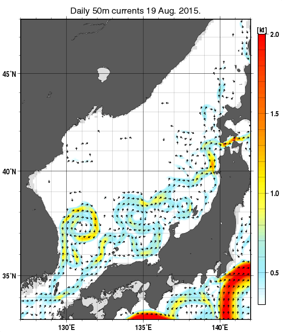 日本海の深さ50mの海流分布図（8月19日）