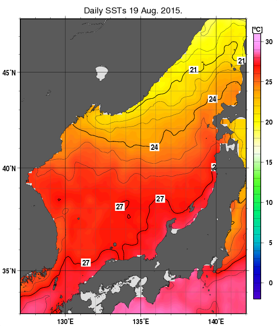 日本海の海面水温分布図（8月19日）