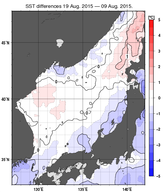 日本海の10日間の海面水温変化量分布図（8月19日）