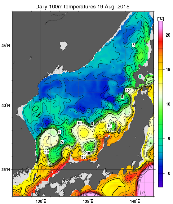 日本海の深さ100mの水温分布図（8月19日）