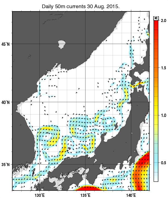 日本海の深さ50mの海流分布図（8月30日）