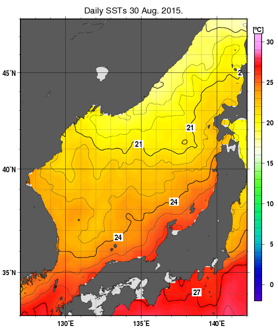 日本海の海面水温分布図（8月30日）