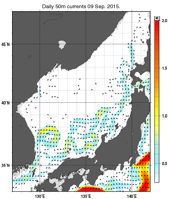 日本海の深さ50mの海流分布図（9月9日）