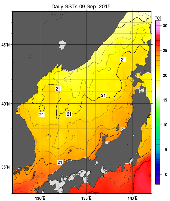 日本海の海面水温分布図（9月9日）