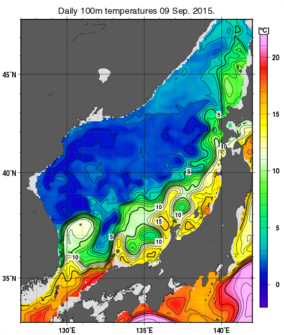 日本海の深さ100mの水温分布図（9月9日）