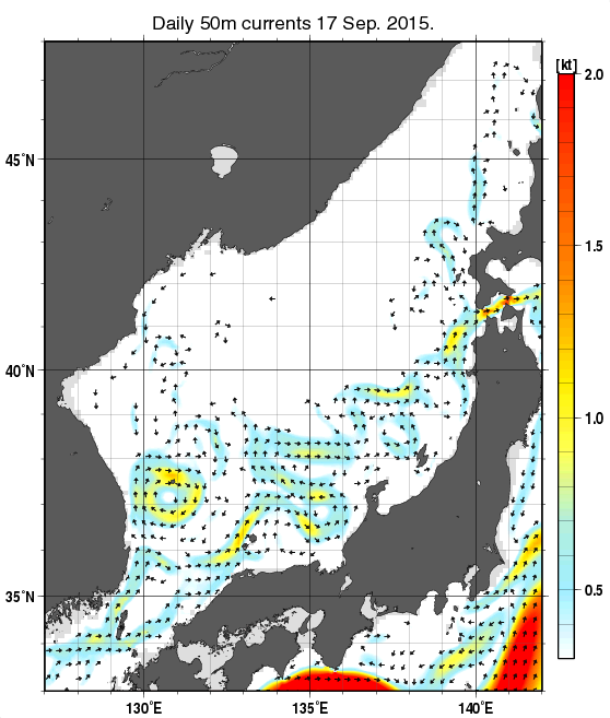 日本海の深さ50mの海流分布図（9月17日）