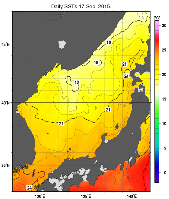 日本海の海面水温分布図（9月17日）