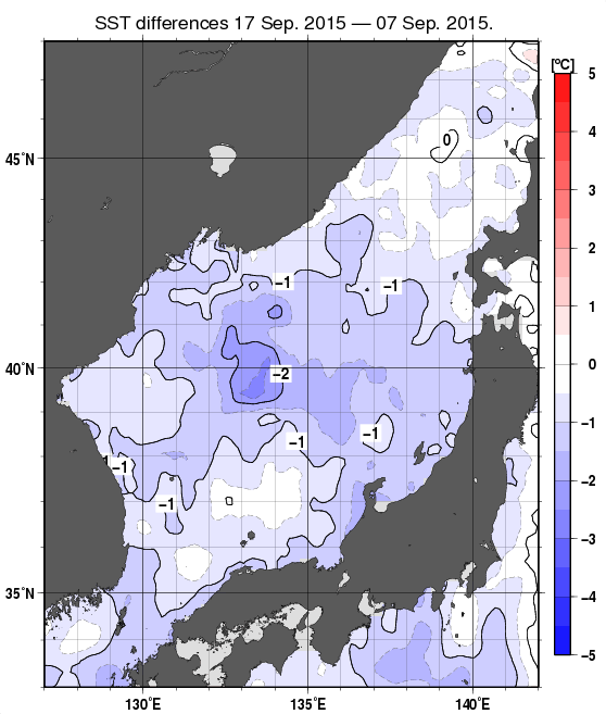 日本海の10日間の海面水温変化量分布図（9月17日）