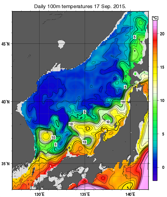 日本海の深さ100mの水温分布図（9月17日）