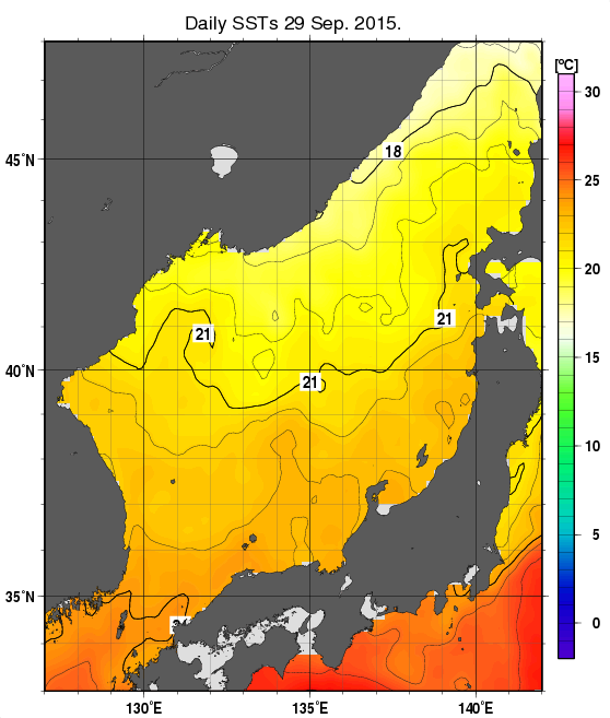 日本海の海面水温分布図（9月29日）