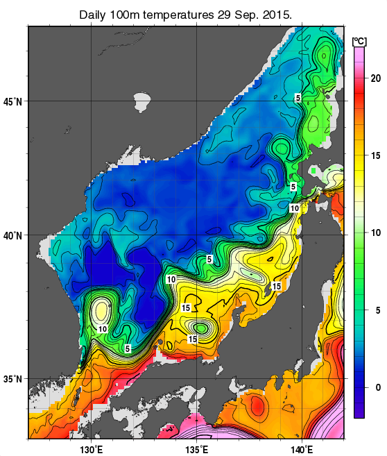 日本海の深さ100mの水温分布図（9月29日）