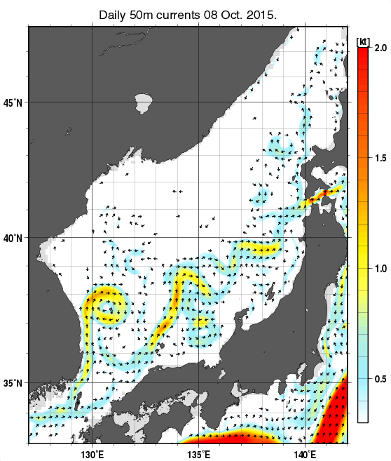 日本海の深さ50mの海流分布図（10月8日）