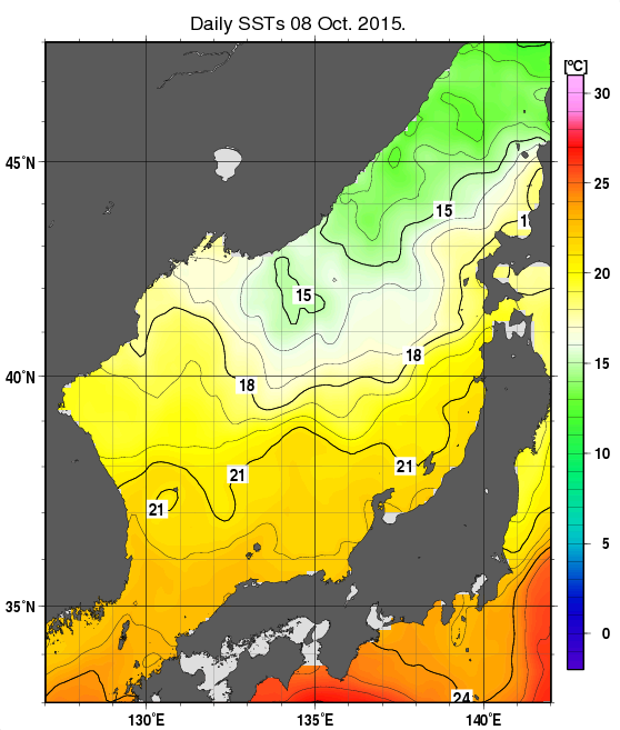 日本海の海面水温分布図（10月8日）