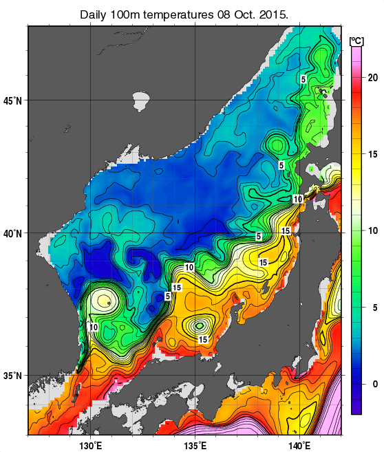 日本海の深さ100mの水温分布図（10月8日）