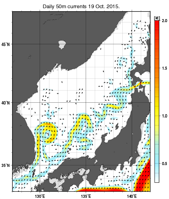 日本海の深さ50mの海流分布図（10月19日）