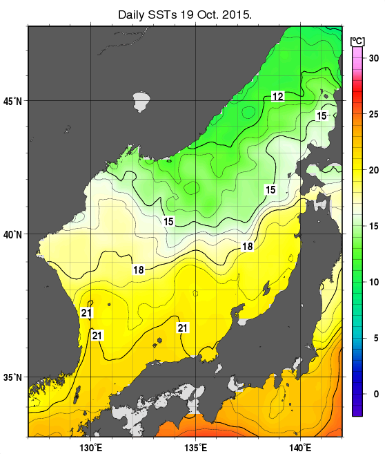 日本海の海面水温分布図（10月19日）