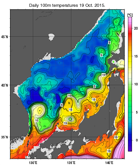 日本海の深さ100mの水温分布図（10月19日）