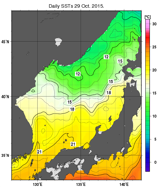 日本海の海面水温分布図（10月29日）