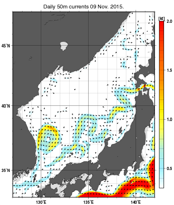 日本海の深さ50mの海流分布図（11月9日）