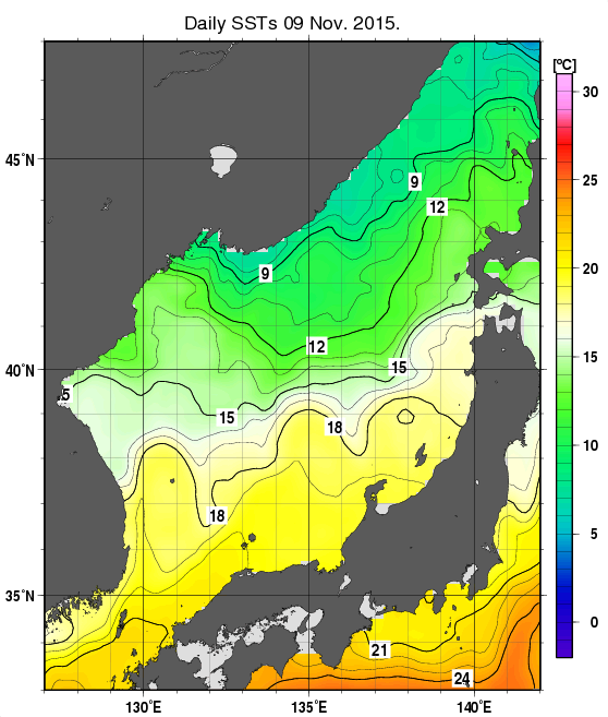 日本海の海面水温分布図（11月9日）