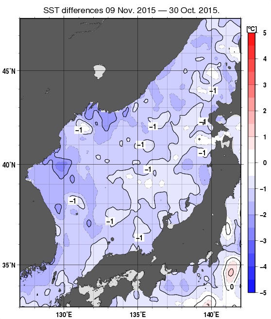 日本海の10日間の海面水温変化量分布図（11月9日）