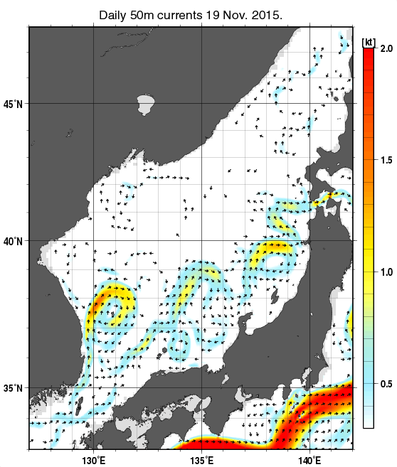 日本海の深さ50mの海流分布図（11月19日）