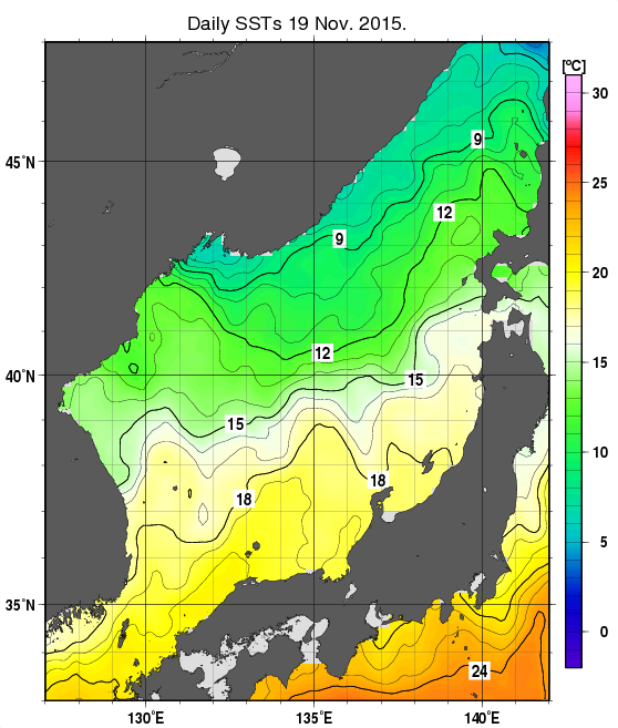 日本海の海面水温分布図（11月19日）