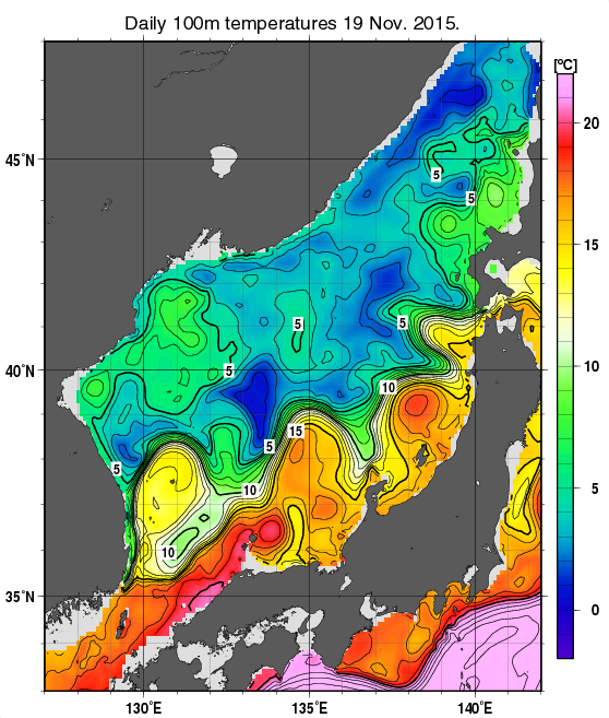 日本海の深さ100mの水温分布図（11月19日）