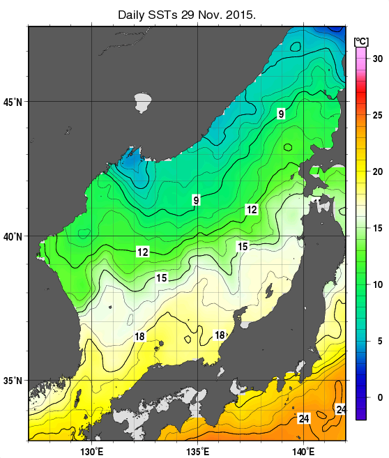 日本海の海面水温分布図（11月29日）