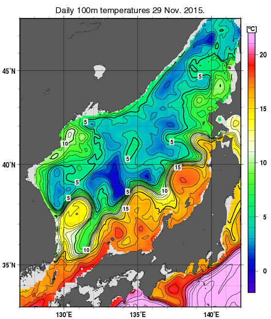 日本海の深さ100mの水温分布図（11月29日）