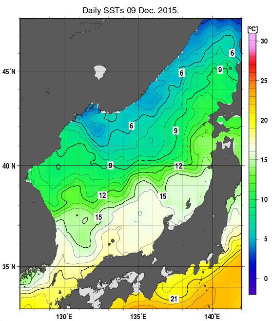 日本海の海面水温分布図（12月9日）