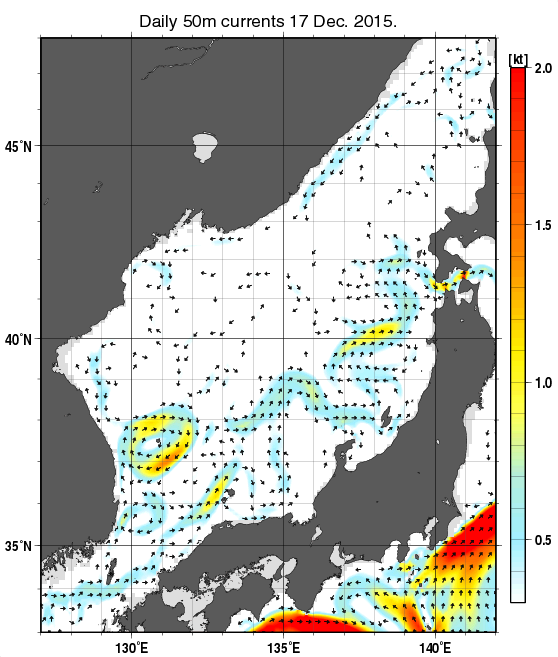 日本海の深さ50mの海流分布図（12月17日）