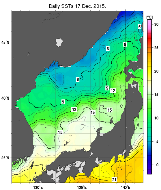 日本海の海面水温分布図（12月17日）