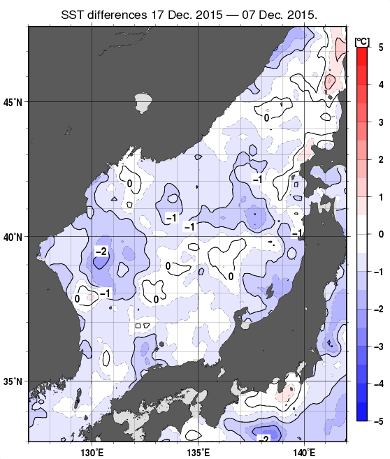 日本海の10日間の海面水温変化量分布図（12月17日）