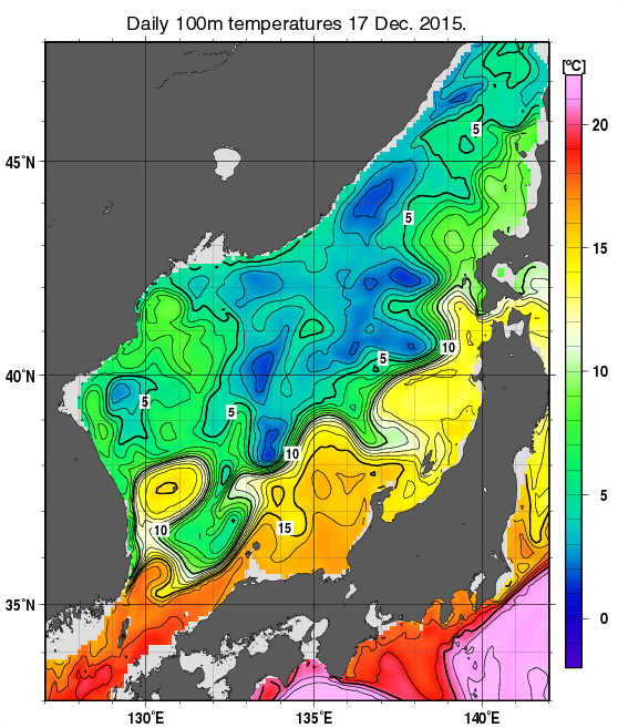 日本海の深さ100mの水温分布図（12月17日）