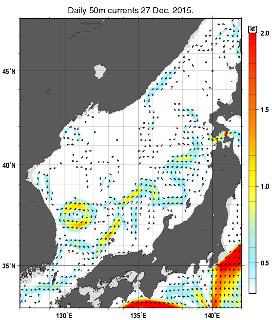 日本海の深さ50mの海流分布図（12月27日）