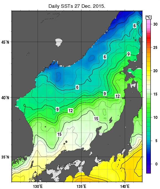 日本海の海面水温分布図（12月27日）