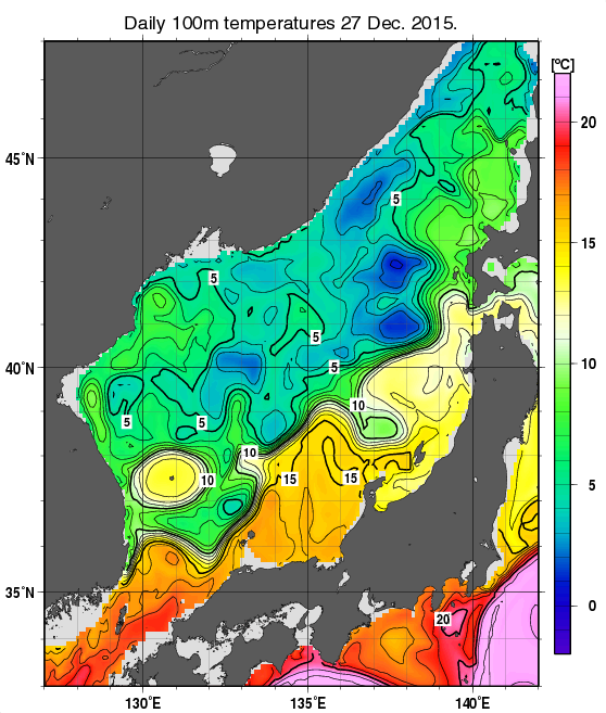 日本海の深さ100mの水温分布図（12月27日）