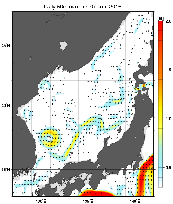 日本海の深さ50mの海流分布図（1月7日）