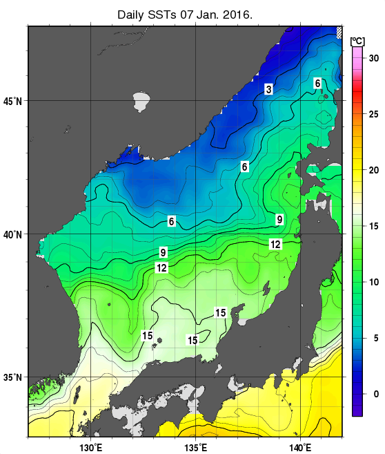 日本海の海面水温分布図（1月7日）