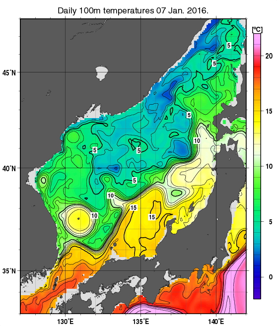 日本海の深さ100mの水温分布図（1月7日）