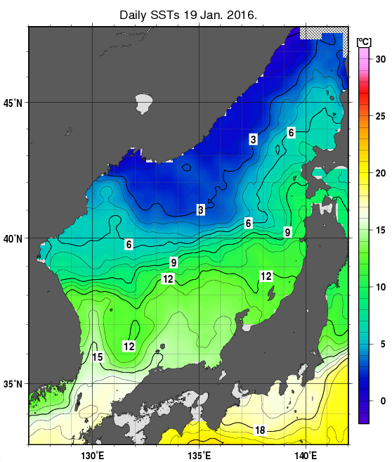 日本海の海面水温分布図（1月19日）