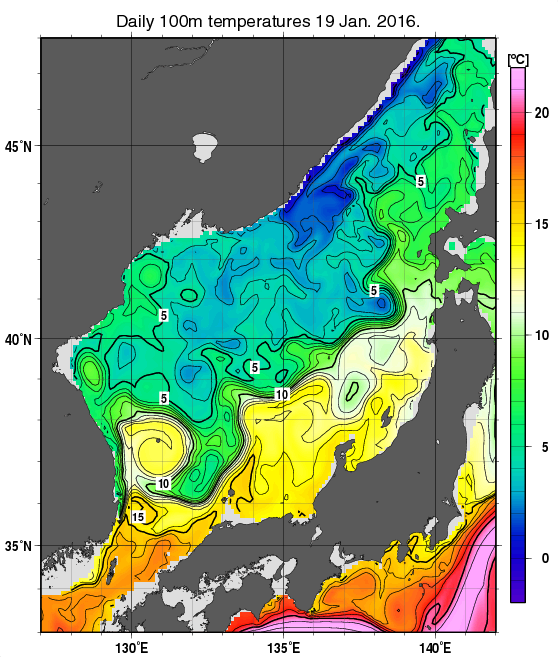 日本海の深さ100mの水温分布図（1月19日）