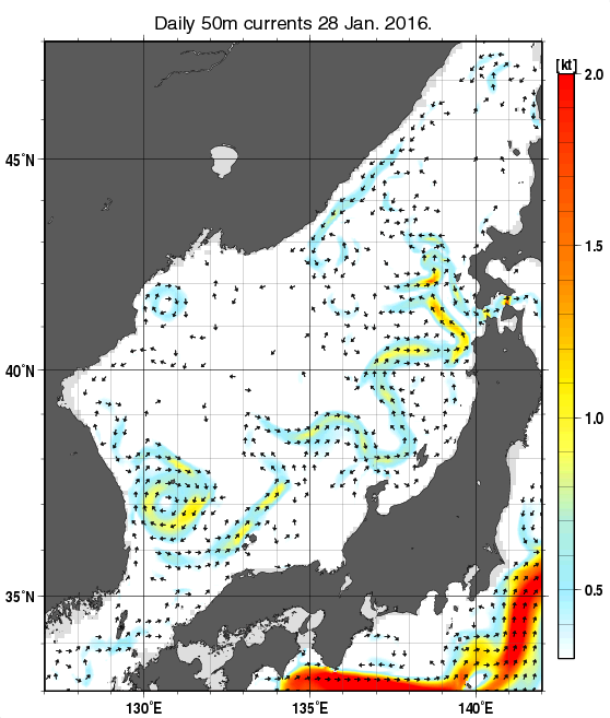 日本海の深さ50mの海流分布図（1月28日）