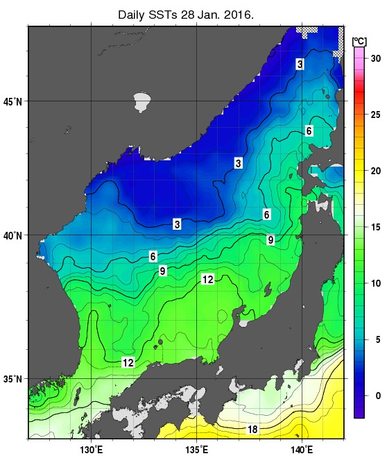 日本海の海面水温分布図（1月28日）